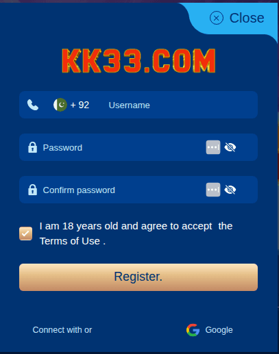 KK33 Game login screen