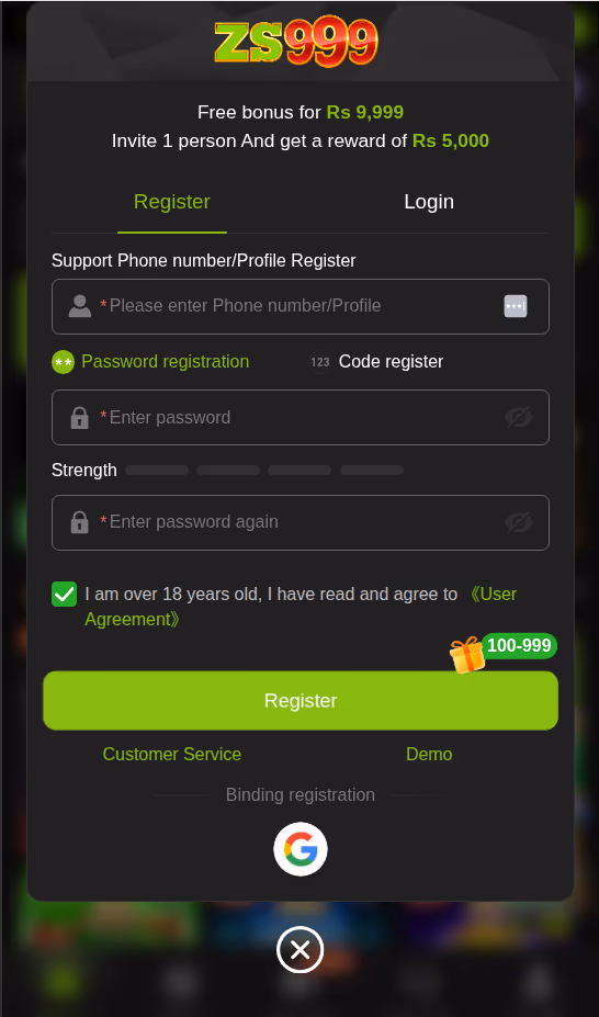 ZS999 game login screen