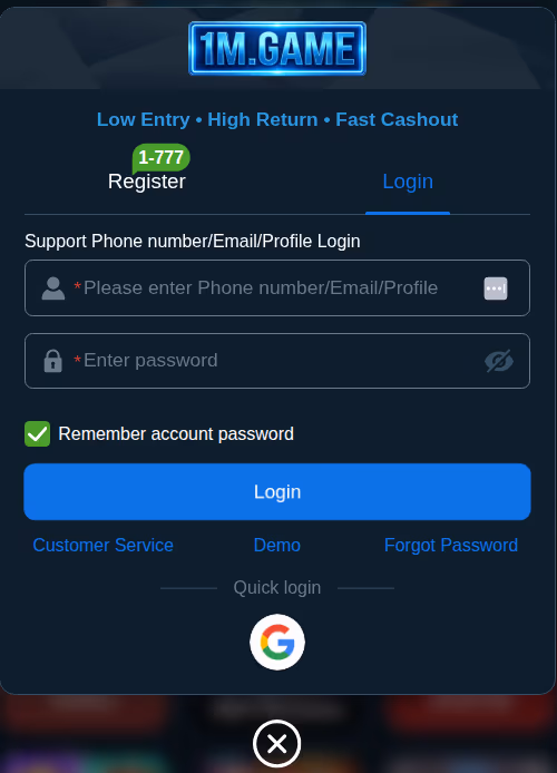 Game setup screen for 1M Game